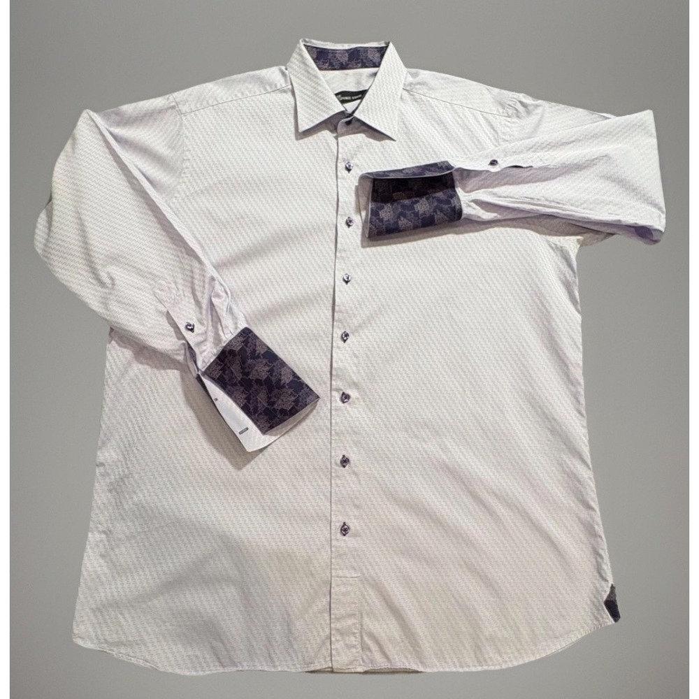 RARE! Bespoke Edge Men L/XL Shirt White Purple Contrast‎ Cuffs Collar Custom USA